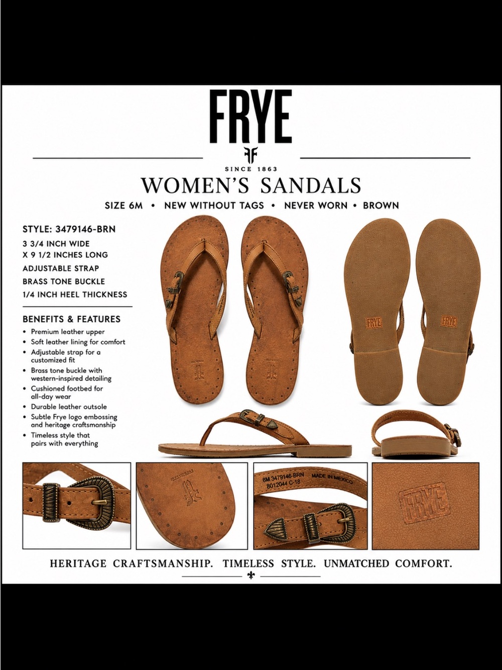 Frye Brown Leather Sandals 6M NWOT Adjustable Strap Brass Buckle Made in Mexico